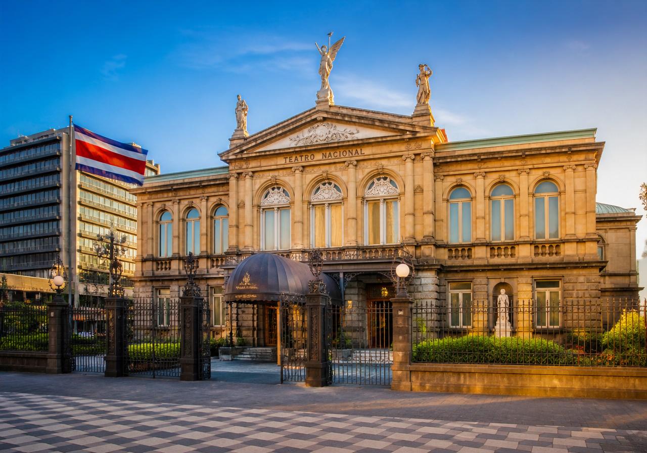 Teatro Nacional de Costa Rica en San José iluminado al atardecer
